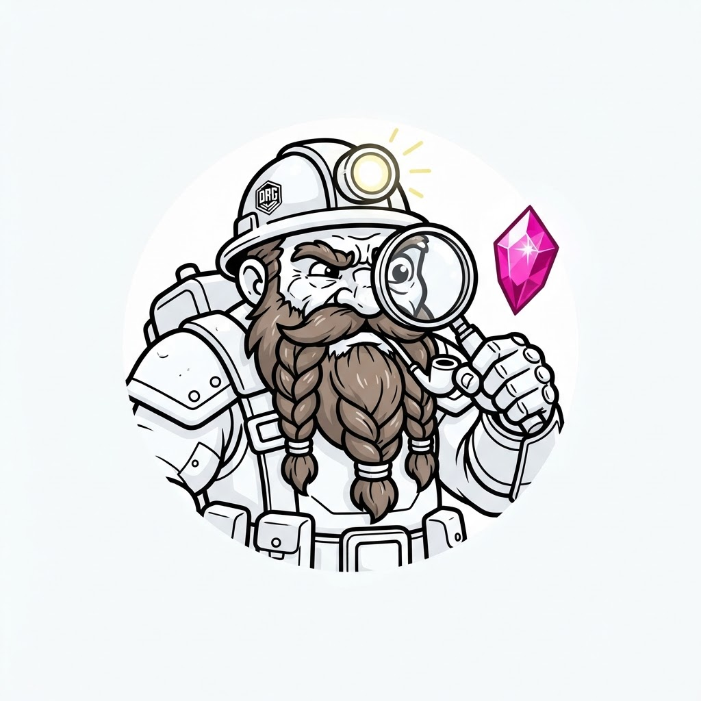 Anão minerador inspecionando uma gema rosa com uma lupa
