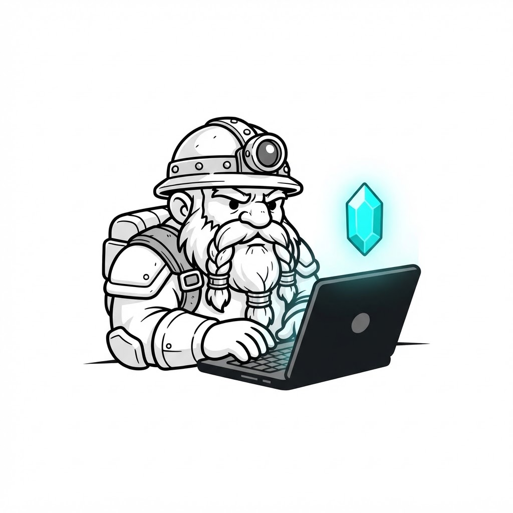 Anão minerador programando em um notebook com uma gema ciano flutuando