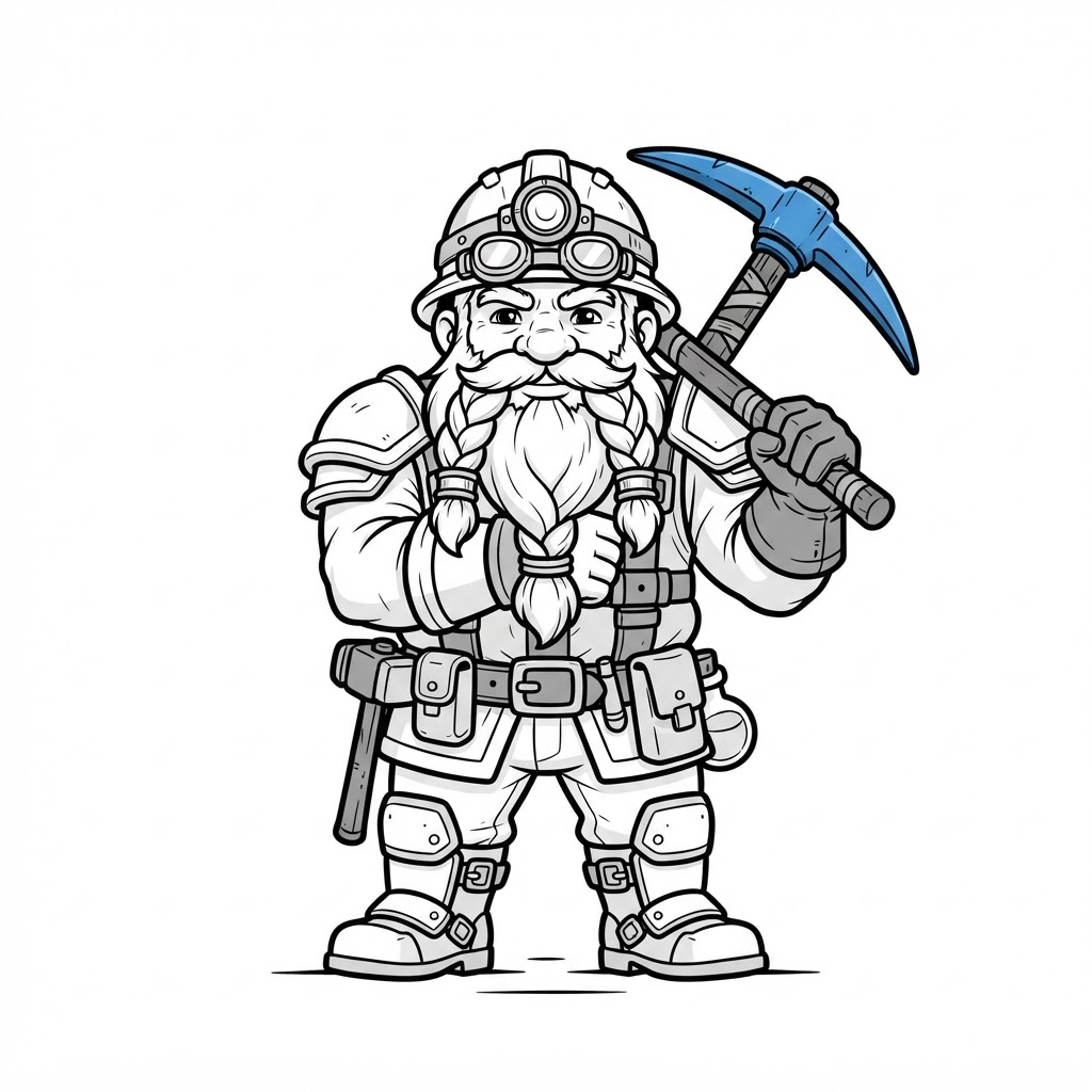 Anão minerador com capacete, barba trançada e picareta de cabo azul