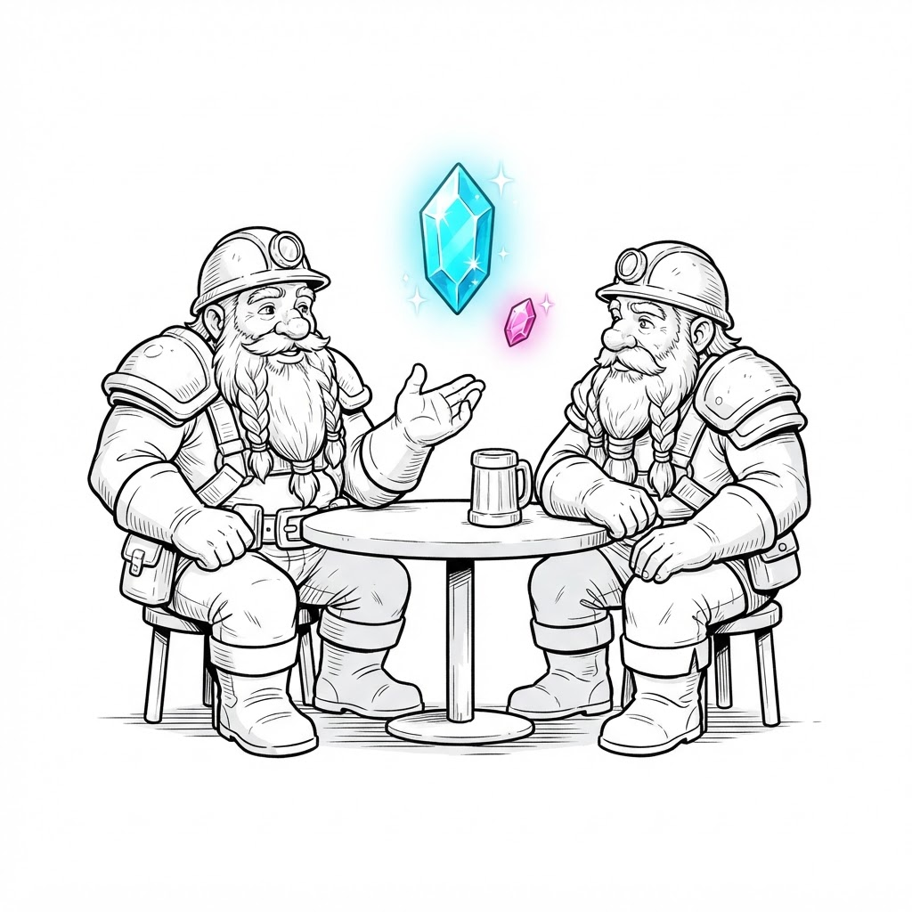 Dois anões mineradores conversando em uma mesa sobre um novo projeto