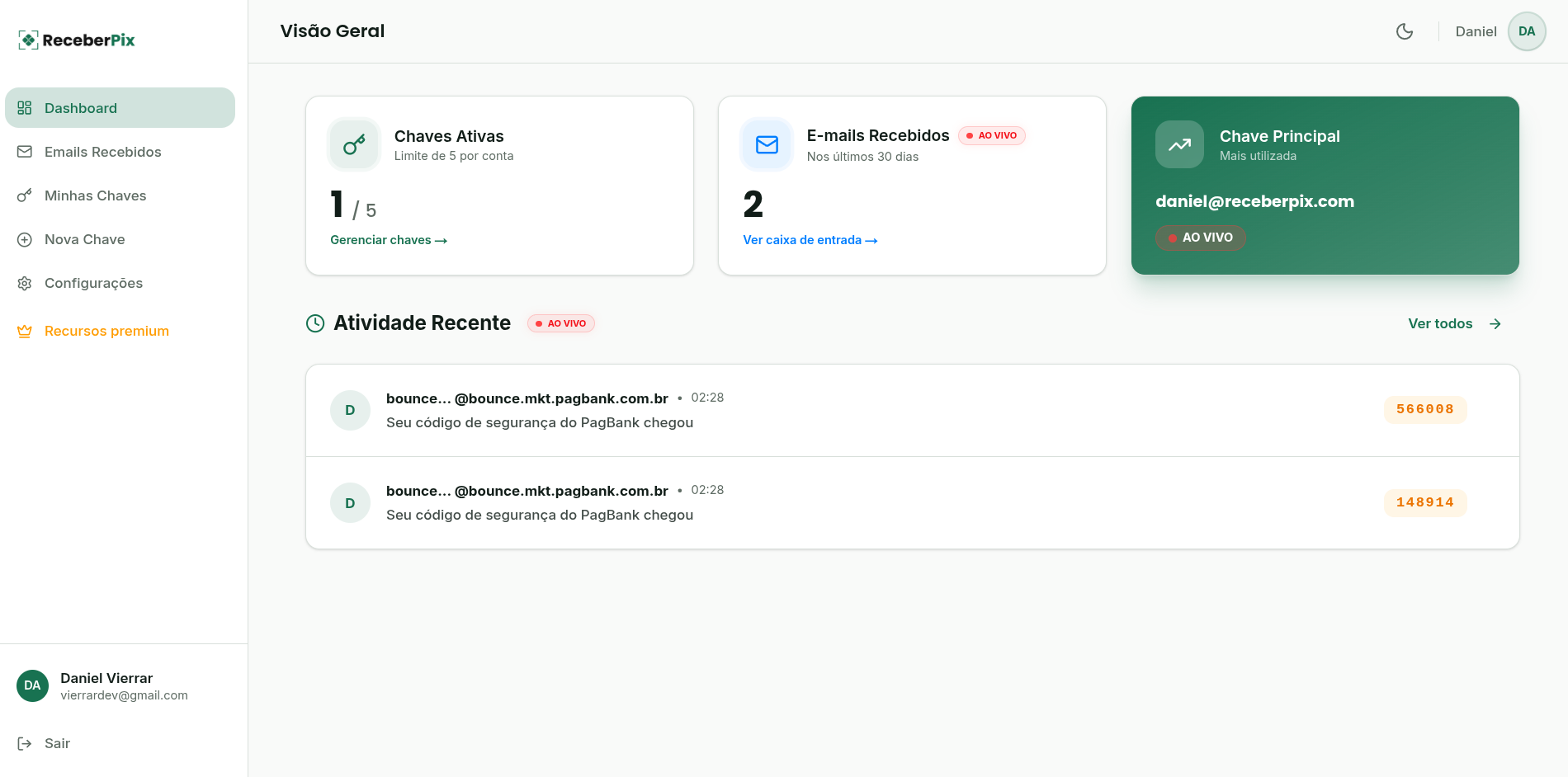 Interface do projeto ReceberPix